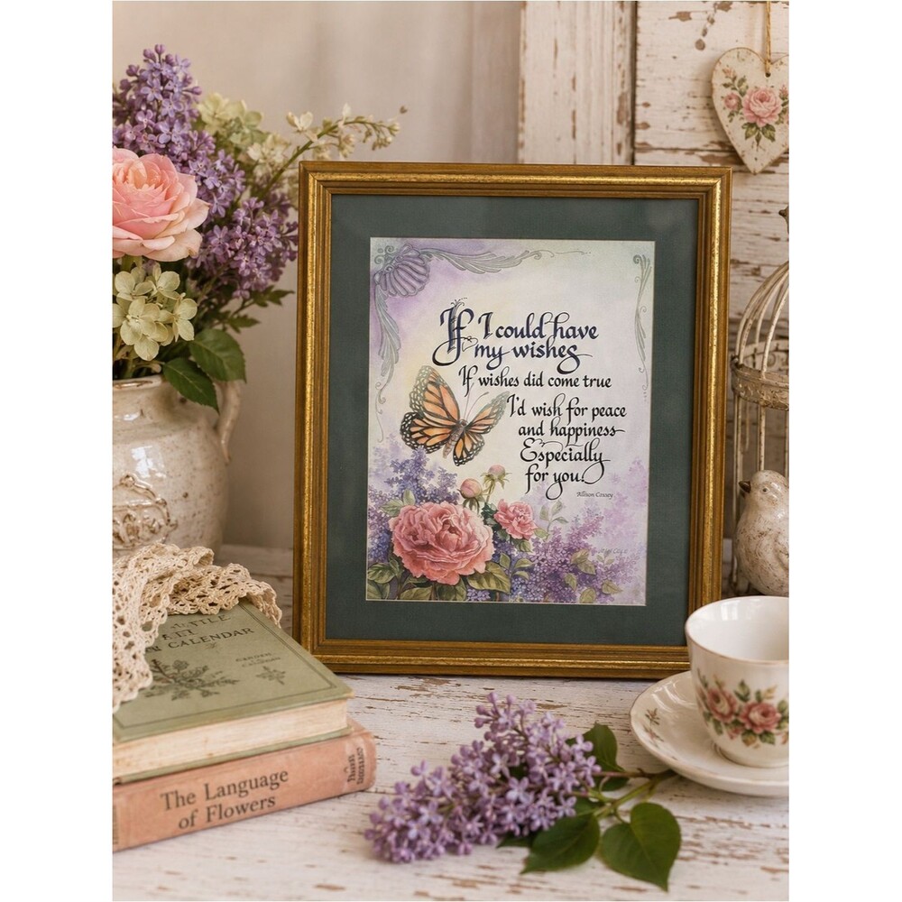 Vintage Framed Inspirational Butterfly Floral Wall Art Gold Frame Made in USA